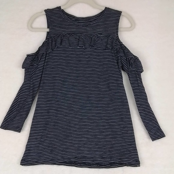 LOFT Cold Shoulder Top Women's‎ Size XSmall in Black White Strip w/ Ruffle - Picture 1 of 15